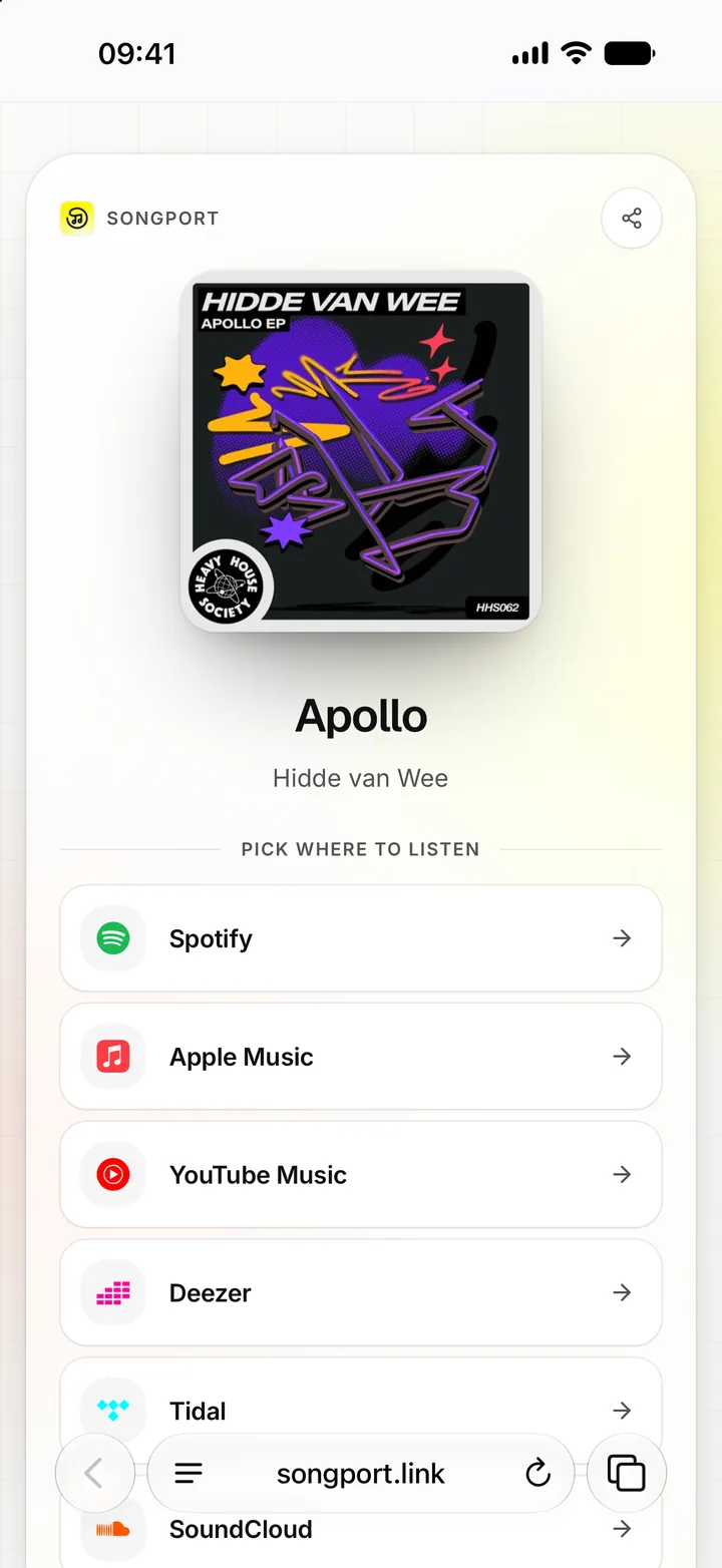 The SongPort page for the song Apollo, with buttons for Spotify, Apple Music, YouTube Music, Deezer, Tidal and SoundCloud.