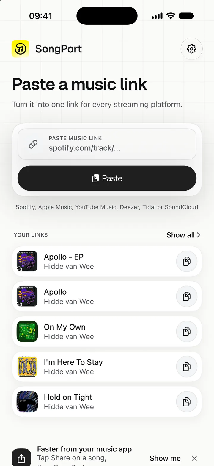 The SongPort app with a field to paste a music link and a list of five links made earlier.